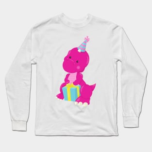 Birthday Dinosaur, Pink Dinosaur, Party Hat, Gifts Long Sleeve T-Shirt